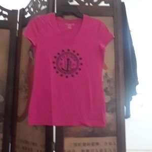 Tommy Hilfiger women's tee. V-neck. Short sleeve. Pink with embroidered details.